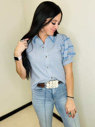 Sadie Blue Checked Puff Sleeve Top-Short Sleeves-Jodifl-Motis & Co Boutique, Women's Fashion Boutique in Carthage, Missouri