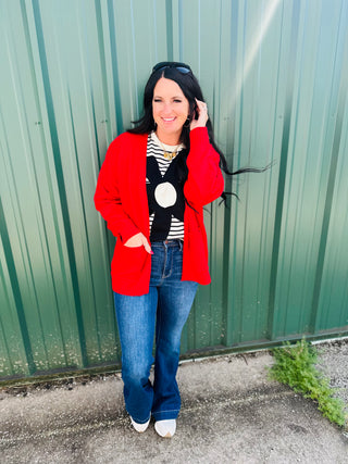 Rachel Red Open Front Cardigan-Cardigans-HYFVE-Motis & Co Boutique, Women's Fashion Boutique in Carthage, Missouri