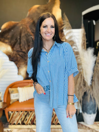Tess Striped Oversized Blouse - Blue-Short Sleeves-Zenana-Motis & Co Boutique, Women's Fashion Boutique in Carthage, Missouri