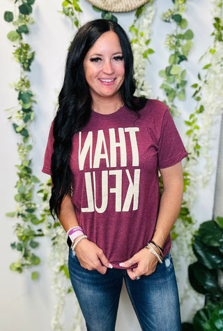 Heather Maroon Puff Thankful Tee-Graphic Tees-P&PD-Motis & Co Boutique, Women's Fashion Boutique in Carthage, Missouri