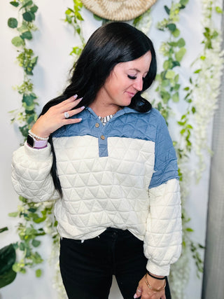 Quincy Quilted Denim Pullover-Pullovers-BiBi-Motis & Co Boutique, Women's Fashion Boutique in Carthage, Missouri