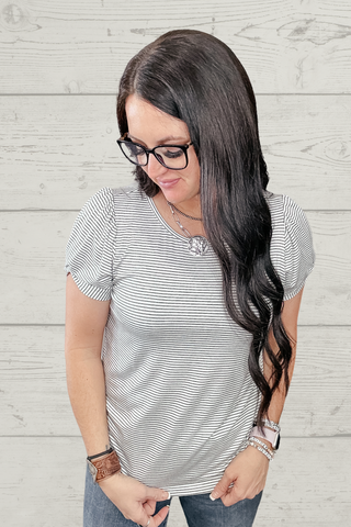 Talli Twisted Hem Sleeve Pinstripe Top-Short Sleeves-staccato-Motis & Co Boutique, Women's Fashion Boutique in Carthage, Missouri