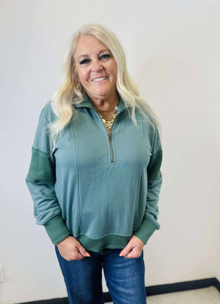 Evelyn Green Half Zip Pullover-Pullovers-staccato-Motis & Co Boutique, Women's Fashion Boutique in Carthage, Missouri