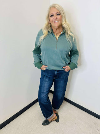 Evelyn Green Half Zip Pullover-Pullovers-staccato-Motis & Co Boutique, Women's Fashion Boutique in Carthage, Missouri
