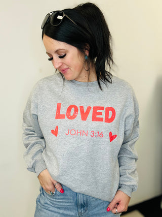 Loved John 3:16 Grey Pullover-Pullovers-Motis & CO-Motis & Co Boutique, Women's Fashion Boutique in Carthage, Missouri