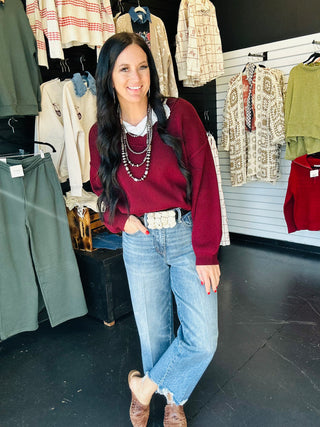 Polly Exposed Seam Oxblood Knit Sweater-Sweaters-blu pepper-Motis & Co Boutique, Women's Fashion Boutique in Carthage, Missouri