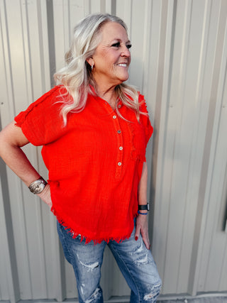 Rena Raw Edge Dolman Short Sleeve Blouse Red-Short Sleeves-GiGiO-Motis & Co Boutique, Women's Fashion Boutique in Carthage, Missouri