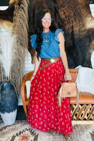 Red Dirt Branded Maxi Skirt-Dresses-sterling kreek-Motis & Co Boutique, Women's Fashion Boutique in Carthage, Missouri