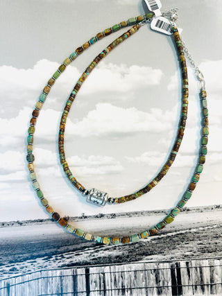 Green Turquoise Heishi & Sterling Silver Barrel Bead Necklace