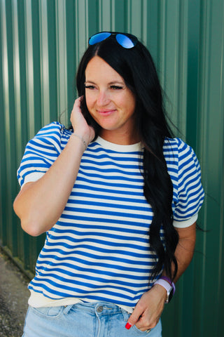 Shelby Blue Striped Short Puffed Sleeve Top-Short Sleeves-Jodifl-Motis & Co Boutique, Women's Fashion Boutique in Carthage, Missouri