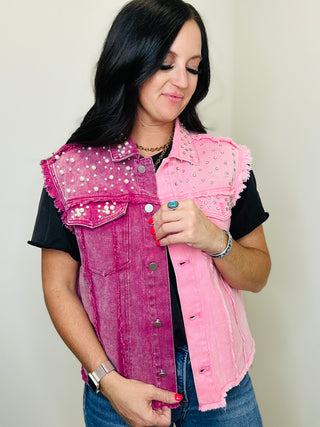 Teva Two Tone Denim Pearl and Crystal Vest-Vests-BiBi-Motis & Co Boutique, Women's Fashion Boutique in Carthage, Missouri