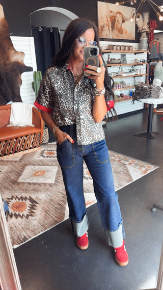 Reba Red Trim Leopard Top-Short Sleeves-Jodifl-Motis & Co Boutique, Women's Fashion Boutique in Carthage, Missouri