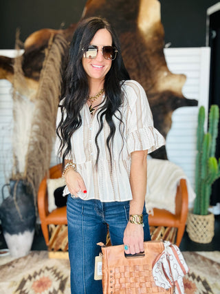 Leslie Striped Bell Sleeve Blouse-Short Sleeves-blu pepper-Motis & Co Boutique, Women's Fashion Boutique in Carthage, Missouri