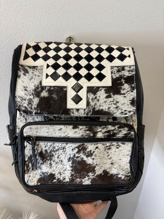 Cowhide & Black Checkered Tooled Backpack-Backpacks-Western Linen-Motis & Co Boutique, Women's Fashion Boutique in Carthage, Missouri