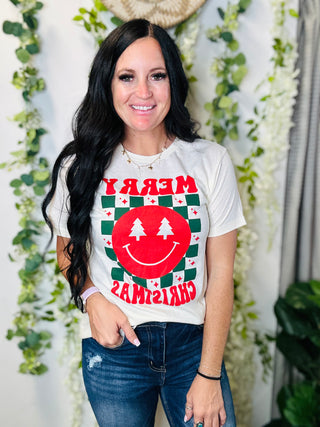 Smiley Checkered Christmas Graphic Tee-Graphic Tees-P&PD-Motis & Co Boutique, Women's Fashion Boutique in Carthage, Missouri