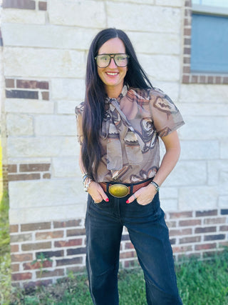 Ten Gallon Drip Sheer Western Blouse-Short Sleeves-2 Fly-Motis & Co Boutique, Women's Fashion Boutique in Carthage, Missouri