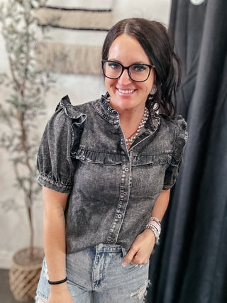 Black Denim Button Up Top-Short Sleeves-Jodifl-Motis & Co Boutique, Women's Fashion Boutique in Carthage, Missouri