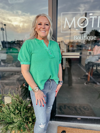 Gia Green V Neck Washed Waffle Top-Short Sleeves-Jodifl-Motis & Co Boutique, Women's Fashion Boutique in Carthage, Missouri