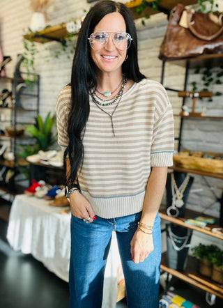 Charlotte Short Sleeve Striped Sweater-Short Sleeves-blu pepper-Motis & Co Boutique, Women's Fashion Boutique in Carthage, Missouri