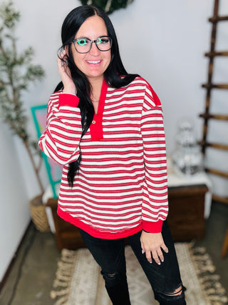 Valorie Red Strip Pullover-Pullovers-Motis & CO-Motis & Co Boutique, Women's Fashion Boutique in Carthage, Missouri