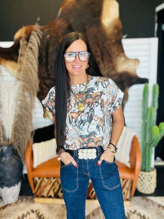 Run Wild Ribbed Western Print Top