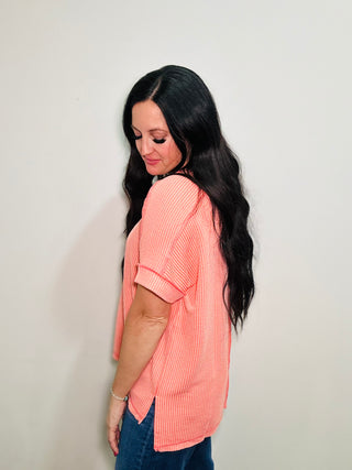 Shana Coral Oversized Ribbed Top-Short Sleeves-Zenana-Motis & Co Boutique, Women's Fashion Boutique in Carthage, Missouri