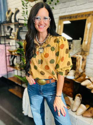Mandy Mocha Polka Dot Half Sleeve Blouse-Short Sleeves-EASEL-Motis & Co Boutique, Women's Fashion Boutique in Carthage, Missouri