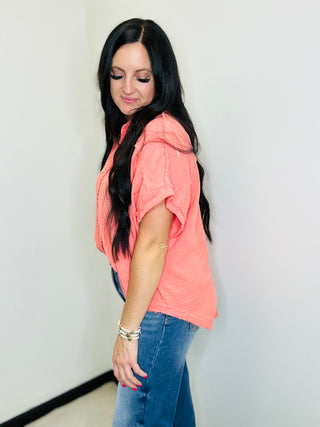 Elsie Coral Gauze Button Down Blouse-Short Sleeves-GiGiO-Motis & Co Boutique, Women's Fashion Boutique in Carthage, Missouri