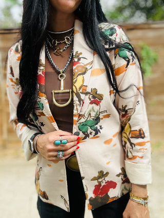 Wagon Wheel Western Print Blazer-Blazers-Howdy Hanny-Motis & Co Boutique, Women's Fashion Boutique in Carthage, Missouri