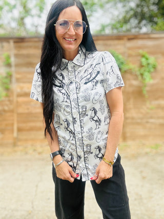 Madie Western Print Short Sleeve Blouse-Short Sleeves-Howdy Hanny-Motis & Co Boutique, Women's Fashion Boutique in Carthage, Missouri