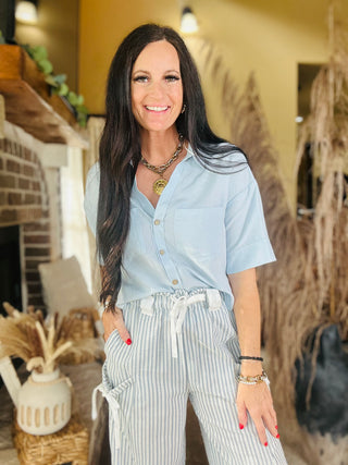 Tay Short Sleeve Blue Button Up Top-Short Sleeves-HYFVE-Motis & Co Boutique, Women's Fashion Boutique in Carthage, Missouri
