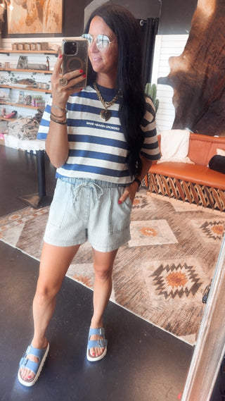 Cecil Pin Stripe Denim Drawstring Shorts-Shorts-blu pepper-Motis & Co Boutique, Women's Fashion Boutique in Carthage, Missouri