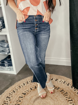 Liam Dark Wash Button Fly Crop Flare-Jeans-Risen-Motis & Co Boutique, Women's Fashion Boutique in Carthage, Missouri