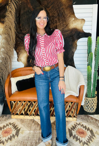 Tessa Striped Puff Sleeve Blouse-Short Sleeves-Entro-Motis & Co Boutique, Women's Fashion Boutique in Carthage, Missouri