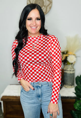 Darla Red White Checkered Mesh Top-Long Sleeves-MOTIS-Motis & Co Boutique, Women's Fashion Boutique in Carthage, Missouri