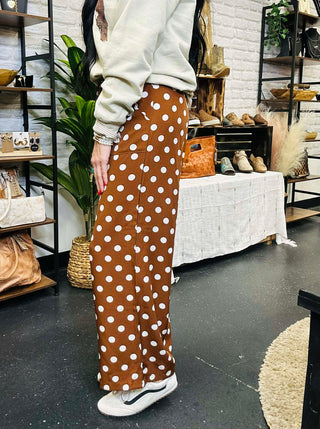 Lance Polka Dot Wide Leg Pants -Brown-Pants-Turquoise Haven-Motis & Co Boutique, Women's Fashion Boutique in Carthage, Missouri