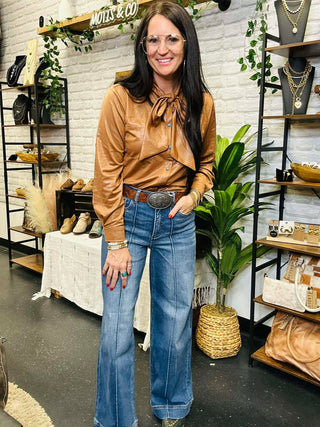 Leather Outlaw Bow Tie Blouse-Long Sleeves-2 Fly-Motis & Co Boutique, Women's Fashion Boutique in Carthage, Missouri