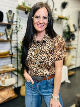Western Short Sleeve Leopard Pearl Snap Blouse-Short Sleeves-2 Fly-Motis & Co Boutique, Women's Fashion Boutique in Carthage, Missouri