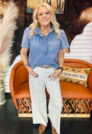 Floyd Blue Floral Wide Leg Jeans-Jeans-Entro-Motis & Co Boutique, Women's Fashion Boutique in Carthage, Missouri