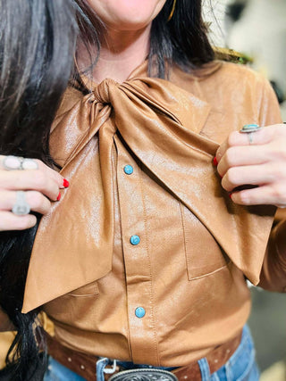 Leather Outlaw Bow Tie Blouse-Long Sleeves-2 Fly-Motis & Co Boutique, Women's Fashion Boutique in Carthage, Missouri