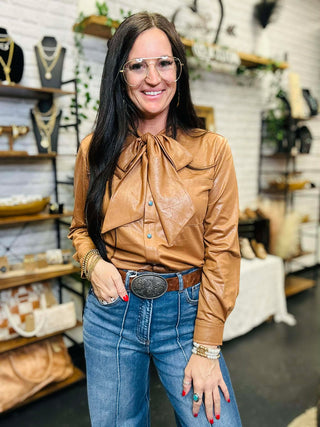 Leather Outlaw Bow Tie Blouse-Long Sleeves-2 Fly-Motis & Co Boutique, Women's Fashion Boutique in Carthage, Missouri