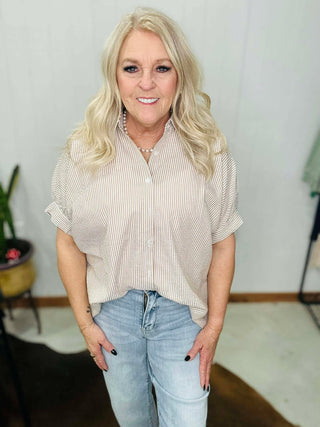 Darby Relaxed Fit Tan Striped Blouse-Short Sleeves-HYFVE-Motis & Co Boutique, Women's Fashion Boutique in Carthage, Missouri