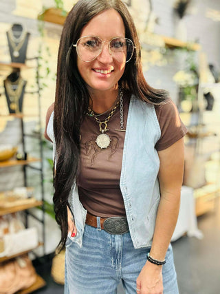 Buck Out Cut Out Brown Tee-Short Sleeves-2 Fly-Motis & Co Boutique, Women's Fashion Boutique in Carthage, Missouri