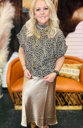 Lacy Leopard Mock Neck Dolman Sleeve Top