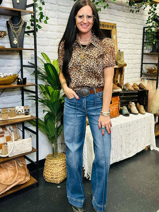 Western Short Sleeve Leopard Pearl Snap Blouse-Short Sleeves-2 Fly-Motis & Co Boutique, Women's Fashion Boutique in Carthage, Missouri