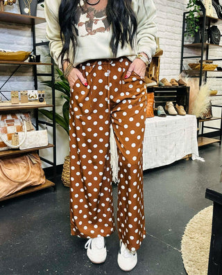 Lance Polka Dot Wide Leg Pants -Brown-Pants-Turquoise Haven-Motis & Co Boutique, Women's Fashion Boutique in Carthage, Missouri