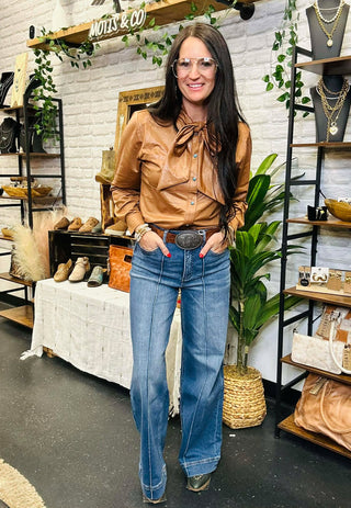 Leather Outlaw Bow Tie Blouse-Long Sleeves-2 Fly-Motis & Co Boutique, Women's Fashion Boutique in Carthage, Missouri