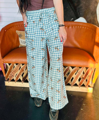 Greg Gingham Horse Wide Leg Pant-Pants-Turquoise Haven-Motis & Co Boutique, Women's Fashion Boutique in Carthage, Missouri