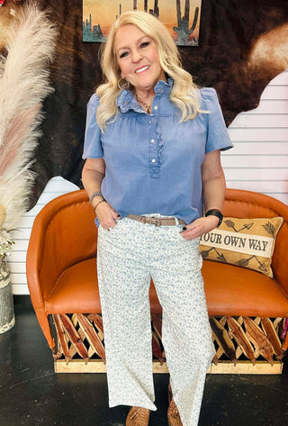 Floyd Blue Floral Wide Leg Jeans-Jeans-Entro-Motis & Co Boutique, Women's Fashion Boutique in Carthage, Missouri