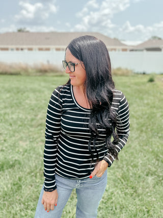 Stacy Swoop Neck Striped Top Black-Long Sleeves-staccato-Motis & Co Boutique, Women's Fashion Boutique in Carthage, Missouri